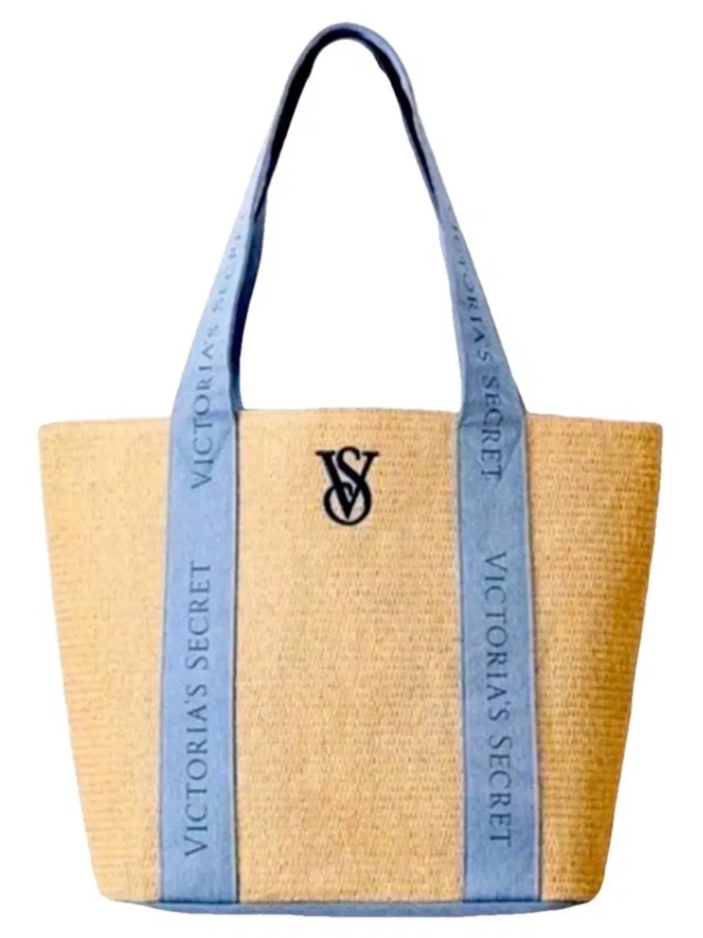 Victoria's Secret Tan Wicker Tote with Light Blue Trim